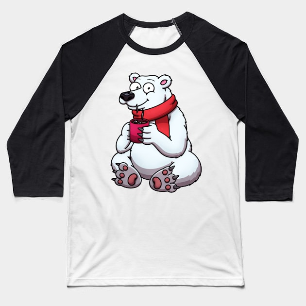 Cute Polar Bear In Red Scarf Drinking Hot Chocolate Baseball T-Shirt by TheMaskedTooner